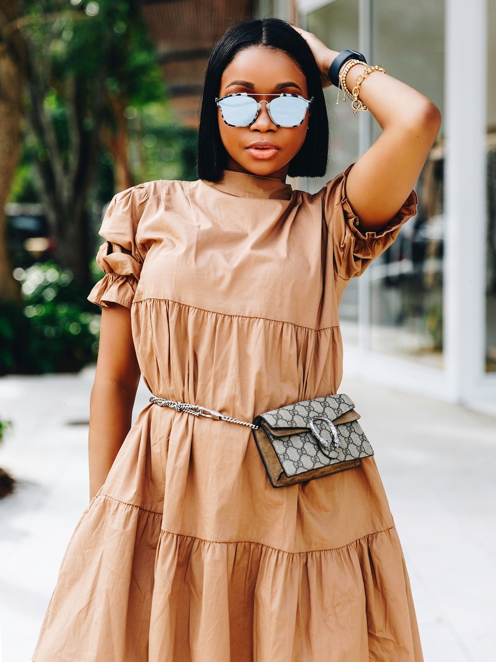Boohoo Brown Tiered Puff-Sleeve Dress